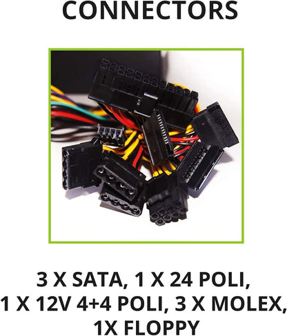 Tecnoware ATX 650W PC power supply - 12 cm silent fan - 3 connectors for SATA, 1 for 24 poles, 1 for 12 V 4 + 4 poles, 3 for Molex, 1 for Floppy 650W ATX