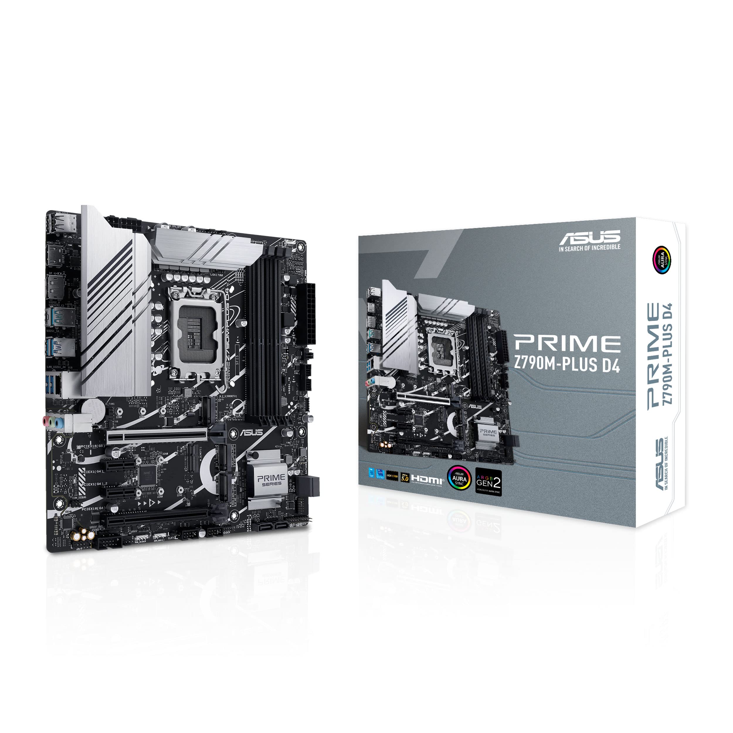 ASUS Prime Z790M-PLUS D4, an Intel Z790 LGA 1700 mATX motherboard with PCIe 5.0, three M.2 slots, 10+1 DrMOS, DDR4, Intel 1 Gb LAN, HDMI, DP, USB 3.2 Gen 2x2 Type-C, front USB 3.2 Gen 1 Type-C Z790 PRIME Z790-P WIFI D4