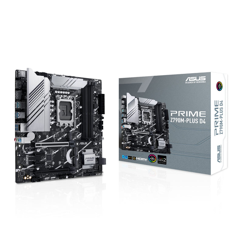ASUS Prime Z790M-PLUS D4, an Intel Z790 LGA 1700 mATX motherboard with PCIe 5.0, three M.2 slots, 10+1 DrMOS, DDR4, Intel 1 Gb LAN, HDMI, DP, USB 3.2 Gen 2x2 Type-C, front USB 3.2 Gen 1 Type-C Z790 PRIME Z790-P WIFI D4