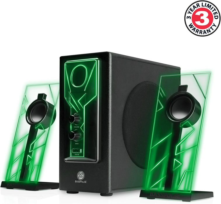 GOgroove BassPULSE 2.1 Computer Speakers with Green LED Glow Lights and Powered Subwoofer - Gaming Speaker System for Music on Desktop, Laptop, PC with 40 Watts, Heavy Bass
