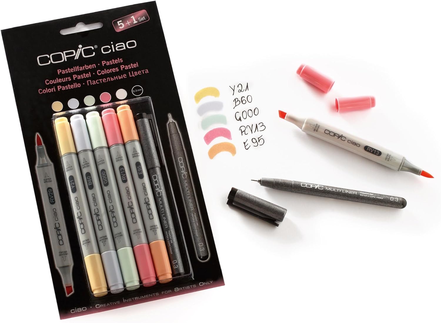 Copic Ciao 5+1 Marker Set - Pastels (Pack of 5 + Multiliner Pen) Copic Ciao Set includes Marker - Pastels (Pack of 5)/ Multiliner Pen