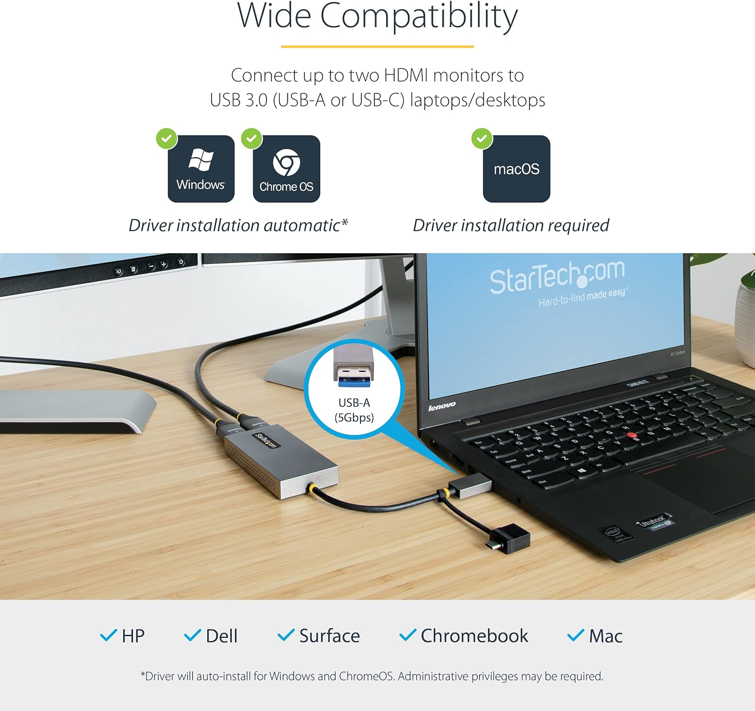 StarTech.com USB 3.0 or USB-C to Dual HDMI Adapter for Windows & macOS, 2x HDMI Displays (1x 4K30Hz, 1x 1080p), Integrated USB-A to C Dongle, 4in/11cm Cable (107B-USB-HDMI