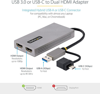 StarTech.com USB 3.0 or USB-C to Dual HDMI Adapter for Windows & macOS, 2x HDMI Displays (1x 4K30Hz, 1x 1080p), Integrated USB-A to C Dongle, 4in/11cm Cable (107B-USB-HDMI