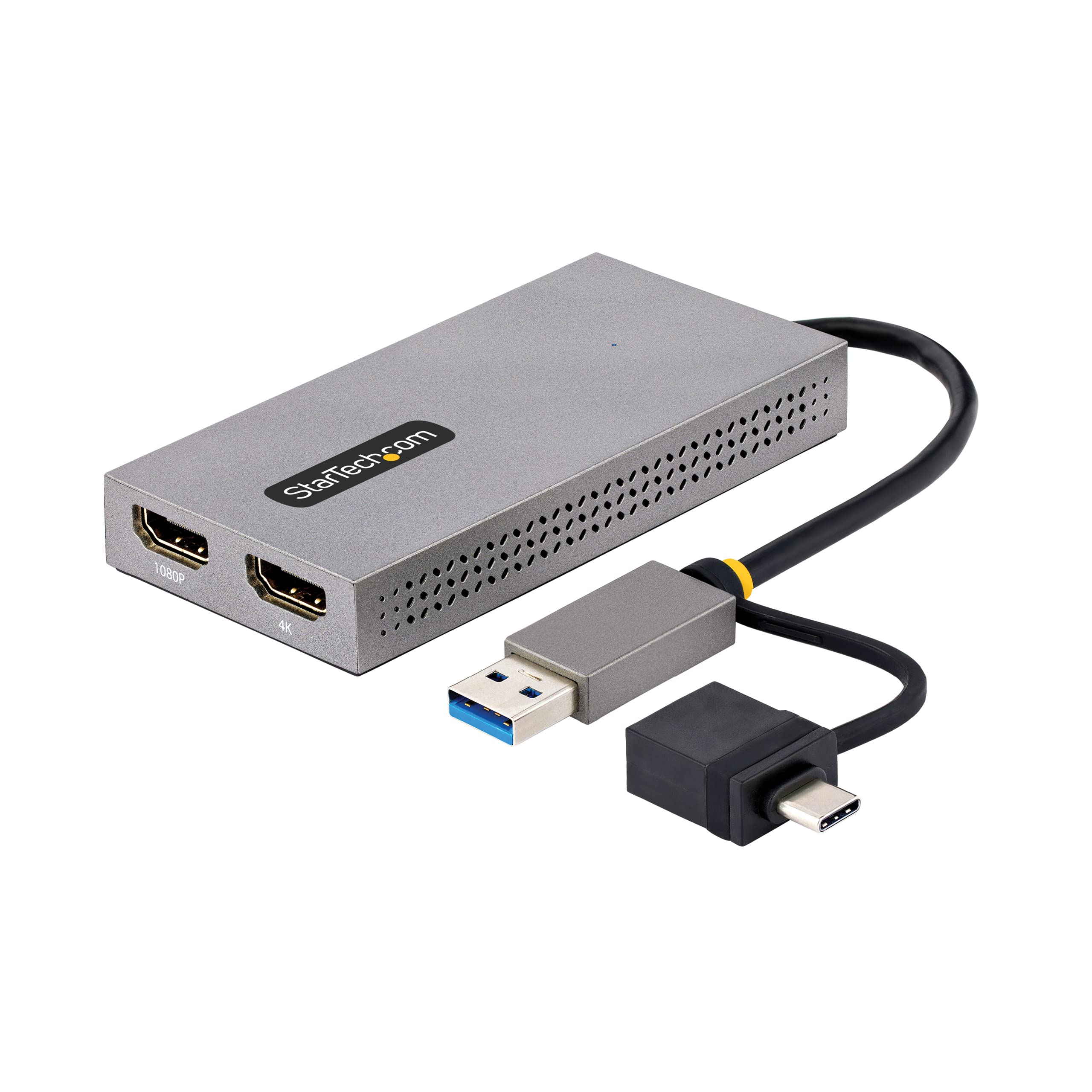 StarTech.com USB 3.0 or USB-C to Dual HDMI Adapter for Windows & macOS, 2x HDMI Displays (1x 4K30Hz, 1x 1080p), Integrated USB-A to C Dongle, 4in/11cm Cable (107B-USB-HDMI
