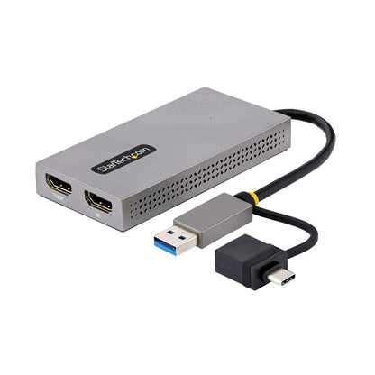 StarTech.com USB 3.0 or USB-C to Dual HDMI Adapter for Windows & macOS, 2x HDMI Displays (1x 4K30Hz, 1x 1080p), Integrated USB-A to C Dongle, 4in/11cm Cable (107B-USB-HDMI