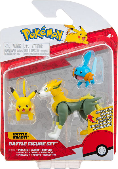 Pokemon PKW2676 3 Pack-Features 2 Mudkip, Pikachu & 3-Inch Boltund Battle Figures-Authentic Details 3PK: Mudkip, Pikachu #1, Boltund