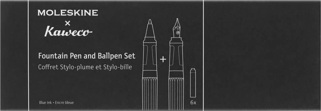 Moleskine x Kaweco Fountain Pen in ABS plastic with Gold-Plated Size M Nib and Refillable Ballpen for Writers, Note-Takers, Refill 1.0mm with Blue Ink and 6 Blue Ink Cartridges included, Color Black