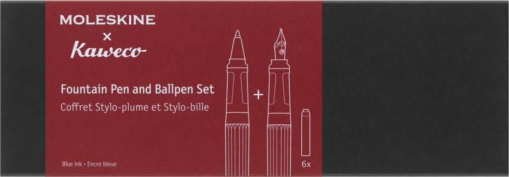 Moleskine x Kaweco Fountain Pen in ABS plastic with Gold-Plated Size M Nib and Refillable Ballpen for Writers, Note-Takers, Refill 1.0mm with Blue Ink and 6 Blue Ink Cartridges included, Color Red