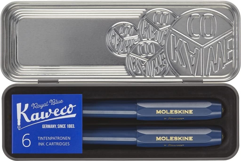 Moleskine x Kaweco Fountain Pen in ABS plastic with Gold-Plated Size M Nib and Refillable Ballpen for Writers, Note-Takers, Refill 1.0mm with Blue Ink and 6 Blue Ink Cartridges included, Color Blue