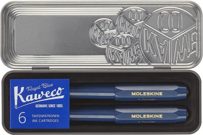 Moleskine x Kaweco Fountain Pen in ABS plastic with Gold-Plated Size M Nib and Refillable Ballpen for Writers, Note-Takers, Refill 1.0mm with Blue Ink and 6 Blue Ink Cartridges included, Color Blue