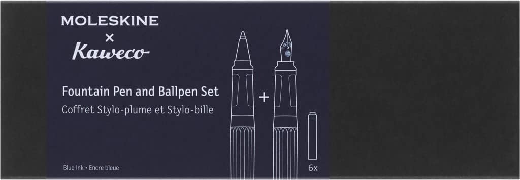 Moleskine x Kaweco Fountain Pen in ABS plastic with Gold-Plated Size M Nib and Refillable Ballpen for Writers, Note-Takers, Refill 1.0mm with Blue Ink and 6 Blue Ink Cartridges included, Color Blue
