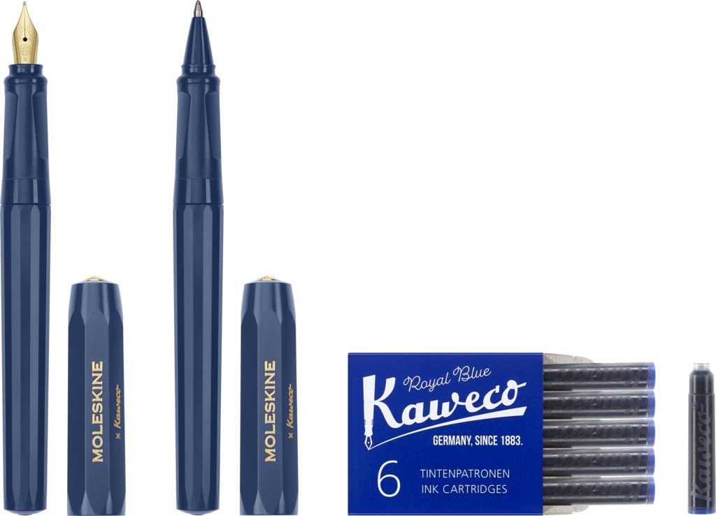 Moleskine x Kaweco Fountain Pen in ABS plastic with Gold-Plated Size M Nib and Refillable Ballpen for Writers, Note-Takers, Refill 1.0mm with Blue Ink and 6 Blue Ink Cartridges included, Color Blue