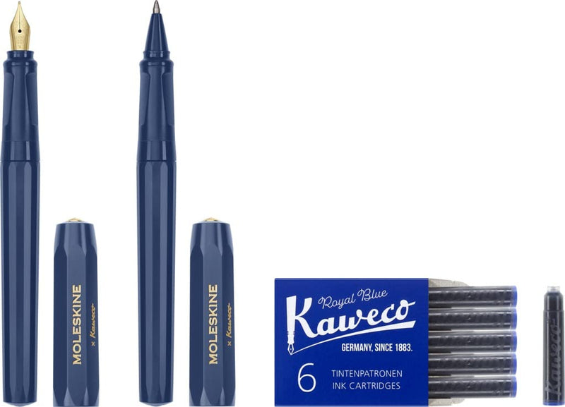 Moleskine x Kaweco Fountain Pen in ABS plastic with Gold-Plated Size M Nib and Refillable Ballpen for Writers, Note-Takers, Refill 1.0mm with Blue Ink and 6 Blue Ink Cartridges included, Color Blue