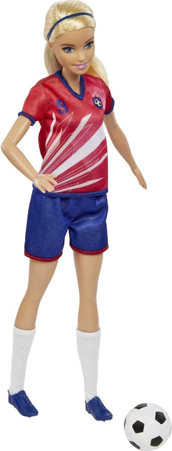 Barbie Soccer Doll, Blonde Ponytail, Colorful #9 Uniform, Soccer Ball, Cleats, Tall Socks, Great Sports-Inspired Gift for Ages 3 and Up, HCN17