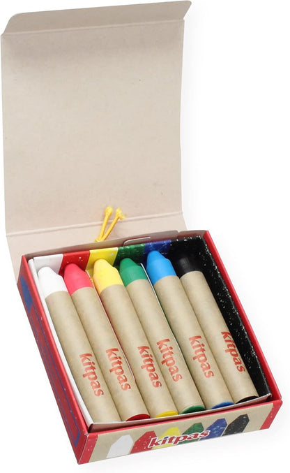 Kitpas Rice Wax Crayon Medium 6 Colours - Bright, Bold Crayons for Almost any Surface including Paper, Glass and Mirrors