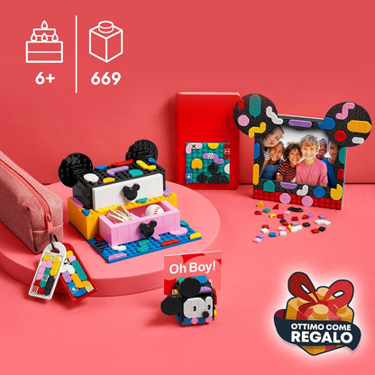 LEGO 41964 DOTS Disney Mickey & Minnie Mouse Back-to-School Project Box, 6in1 Toy Crafts Set with Bag Tags, Sticker Patch and Desk Tidy, Gifts for Kids Aged 6 Plus