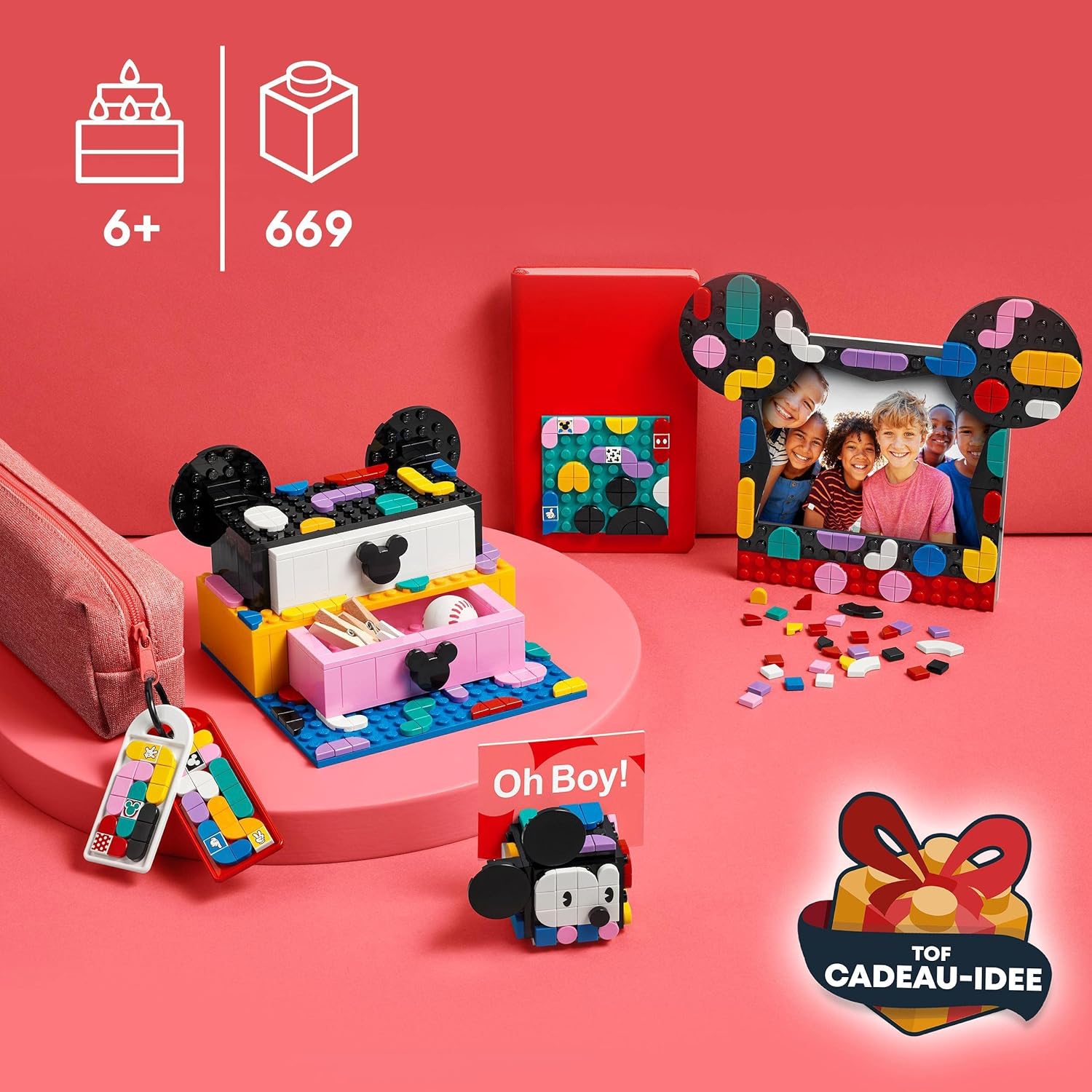 LEGO 41964 DOTS Disney Mickey & Minnie Mouse Back-to-School Project Box, 6in1 Toy Crafts Set with Bag Tags, Sticker Patch and Desk Tidy, Gifts for Kids Aged 6 Plus