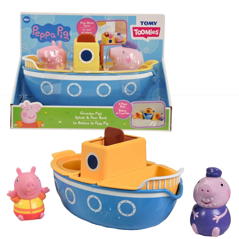 TOMY E73414 Toomies Grandpa Pig’s Splash & Pour Boat - 4 Pc Bath Time Peppa Removable Water Sprinklers & Spinning Paddle Wheelhouse Kids, 18 Months Or Above, Multicolor
