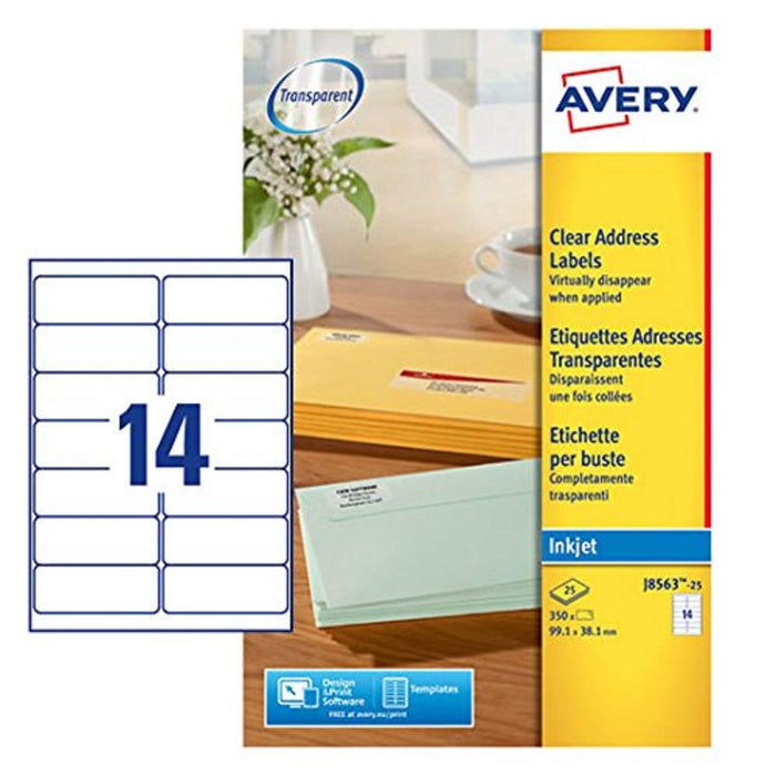 Avery J8563-25 Self-Adhesive Clear Address/Mailing Labels, 14 Labels Per A4 Sheet -Transparent 1 White