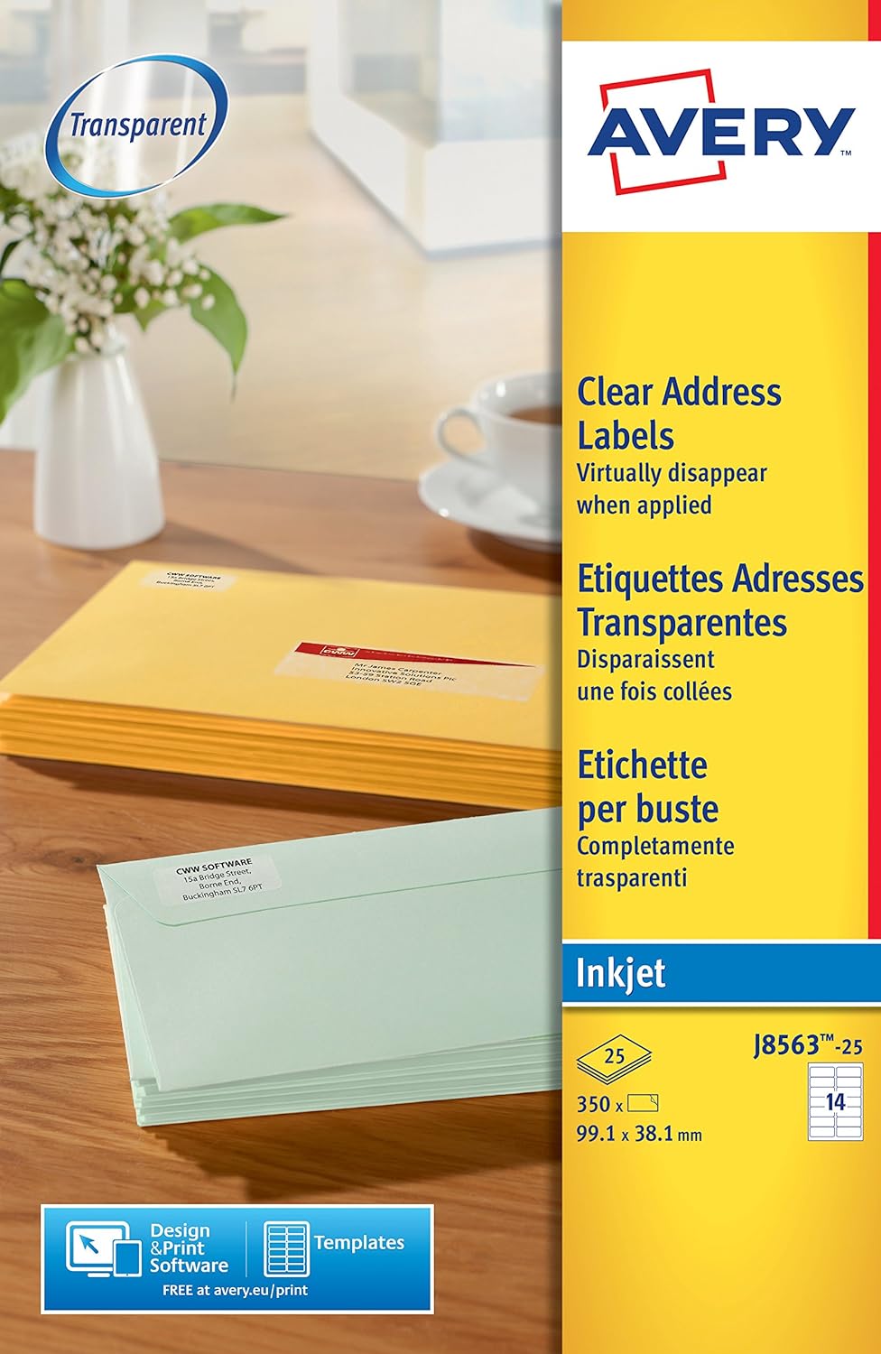 Avery J8563-25 Self-Adhesive Clear Address/Mailing Labels, 14 Labels Per A4 Sheet -Transparent