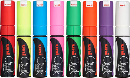 uni-ball PWE-8K Liquid Chalk Pens. Multi-Purpose Wipeable Coloured Markers for Blackboards, Chalkboards, Whiteboards, Glass, Mirrors, Plastic, Windows, Metal. Safe for Kids. Chisel Tip 8mm. 8 Pack