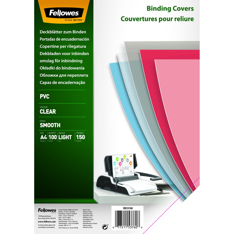 Fellowes A4 Binding Cover - 150 Microns PVC Binding Covers - Pack of 100 Binding Covers - Transparent