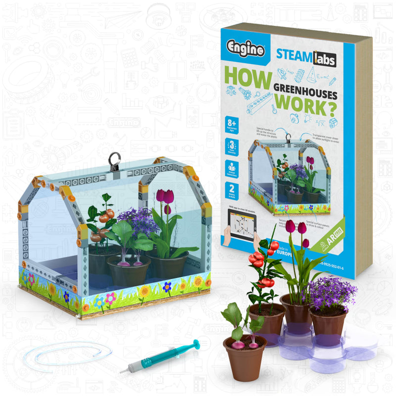 Engino - Jouets Steam Labs – Comment fonctionnent Les serres ? | Kits scientifiques éducatifs pour Enfants | Kit d'expériences et d'activités guidées