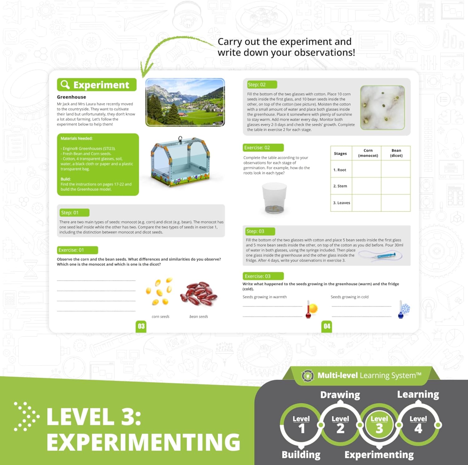 Engino - Jouets Steam Labs – Comment fonctionnent Les serres ? | Kits scientifiques éducatifs pour Enfants | Kit d'expériences et d'activités guidées