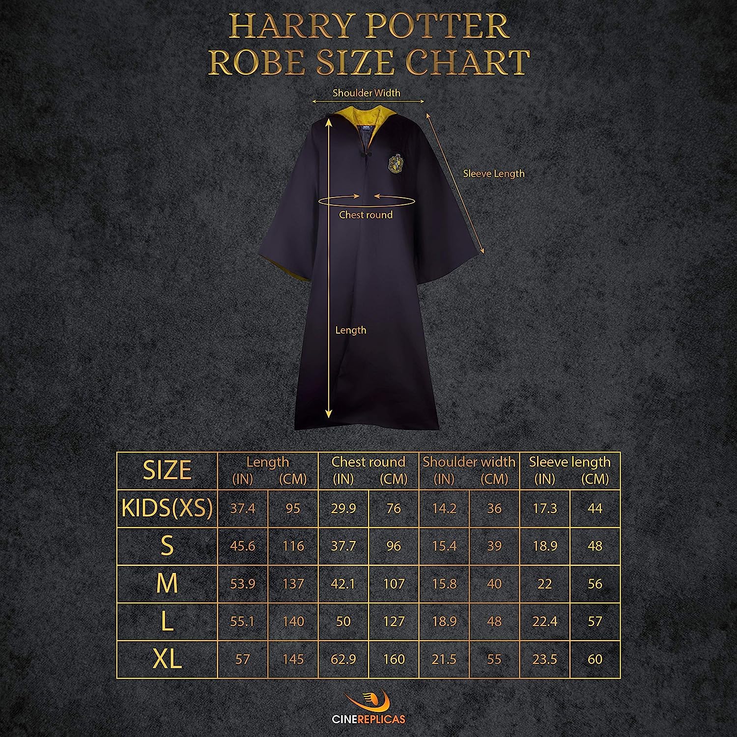Cinereplicas Harry Potter - Hogwarts Robe - XS(Kids)/S/M/L/XL - Official License S Black & Yellow