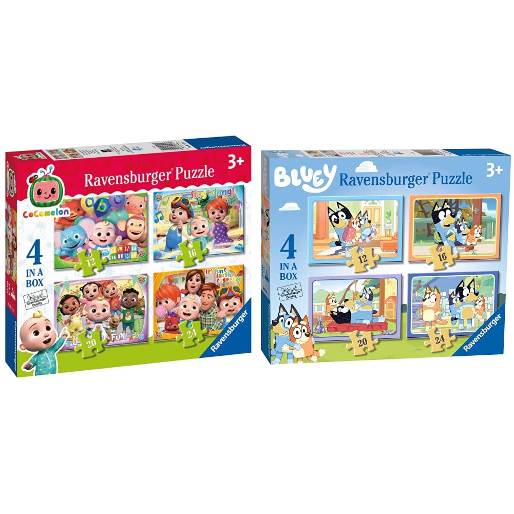 Ravensburger Cocomelon - 4 in Box (12, 16, 20, 24 Pieces) Jigsaw Puzzles for Kids Age 3 Years Up & Bluey - 4 in Box (12, 16, 20, 24 Pieces) Jigsaw Puzzles for Kids Age 3 Years Up 4 in a Box + Bluey - 4 in Box