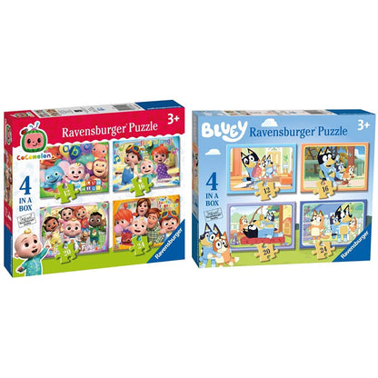 Ravensburger Cocomelon - 4 in Box (12, 16, 20, 24 Pieces) Jigsaw Puzzles for Kids Age 3 Years Up & Bluey - 4 in Box (12, 16, 20, 24 Pieces) Jigsaw Puzzles for Kids Age 3 Years Up 4 in a Box + Bluey - 4 in Box
