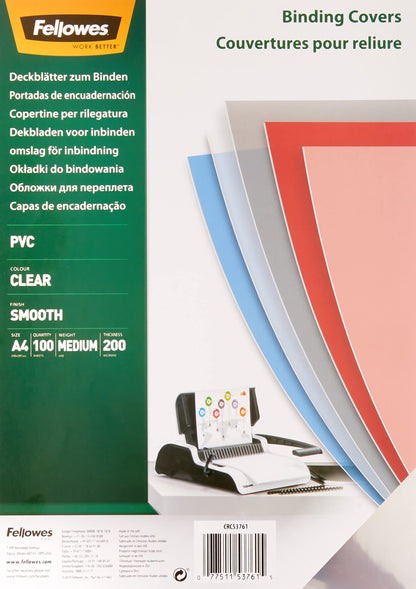 Fellowes A4 Binding Cover - 200 Microns PVC Binding Covers - Pack of 100 Binding Covers - Transparent