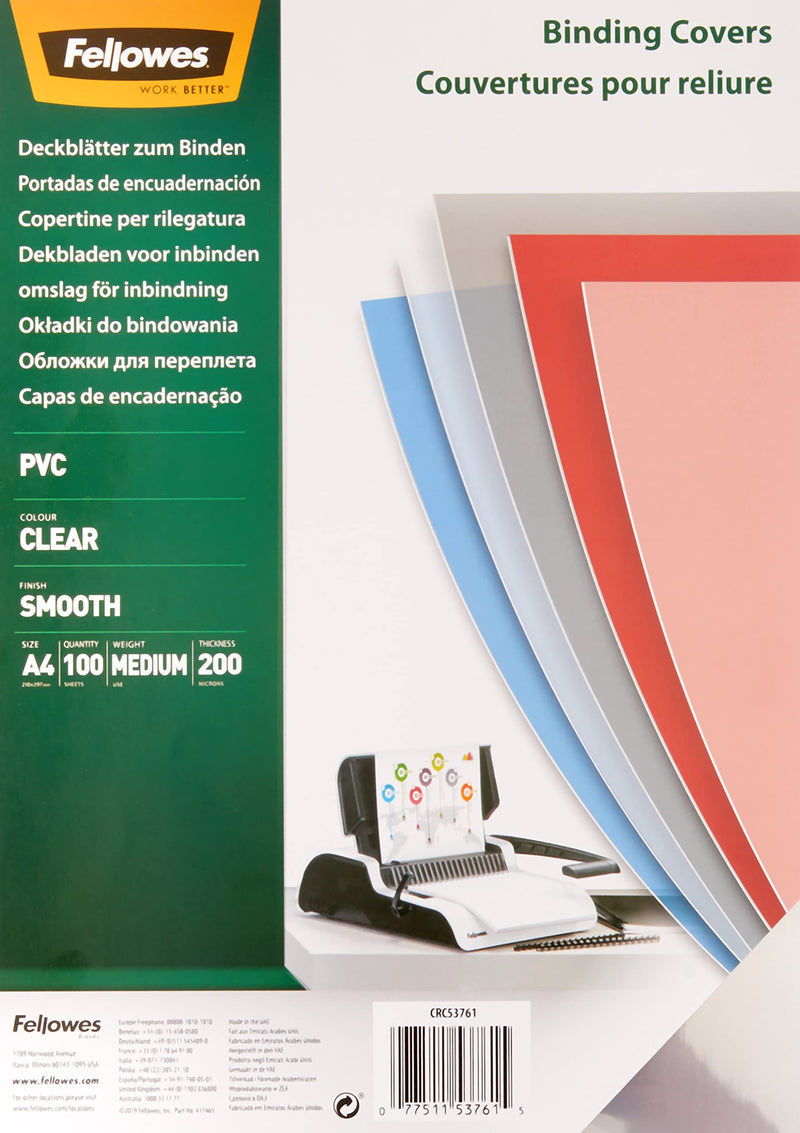 Fellowes A4 Binding Cover - 200 Microns PVC Binding Covers - Pack of 100 Binding Covers - Transparent