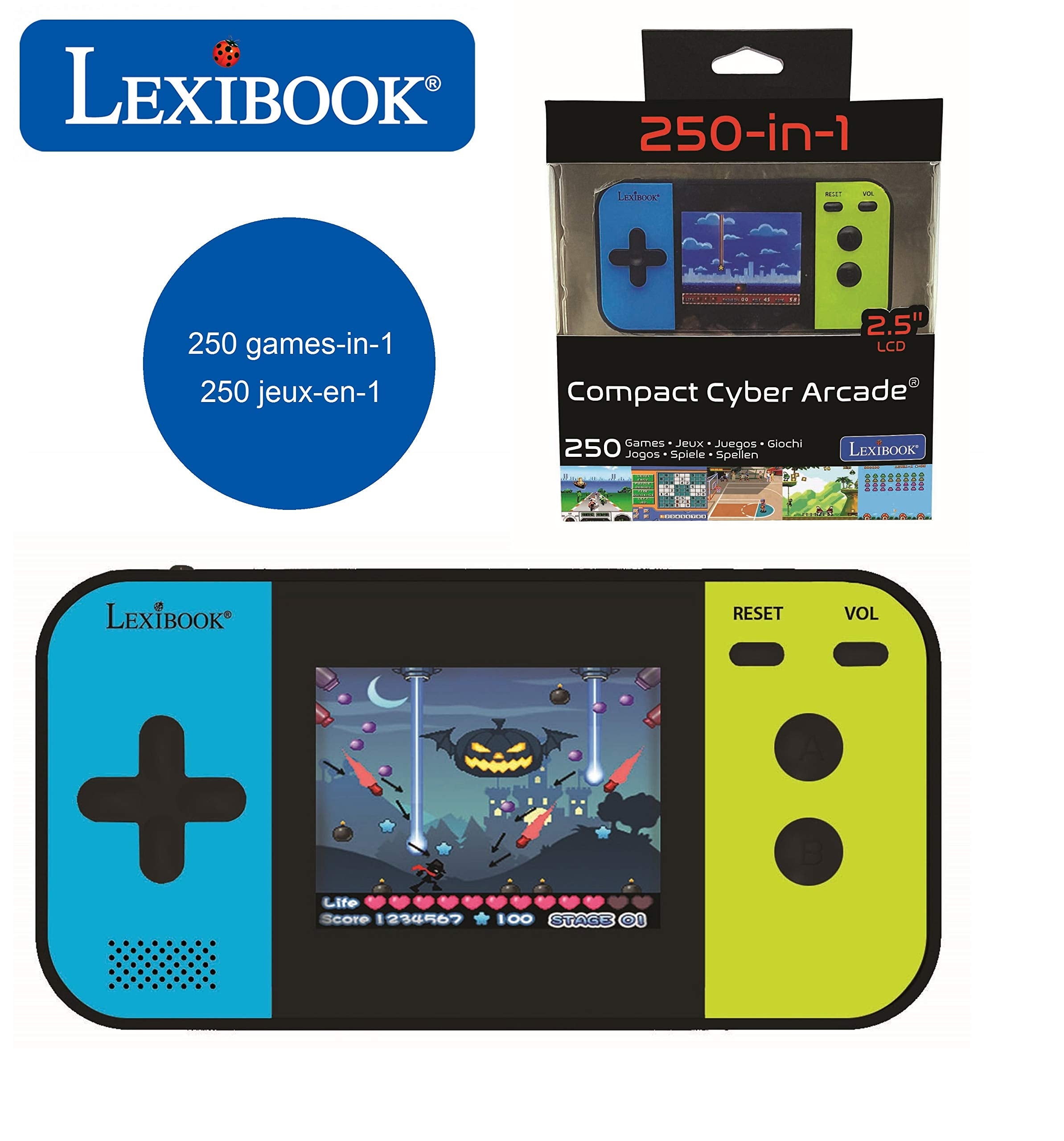 LEXiBOOK Compact Cyber Arcade Portable Gaming Console, 250 Gaming, LCD, Battery Operated, Video Game for Children, Black/Blue/Green