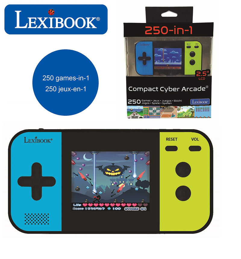 LEXiBOOK Compact Cyber Arcade Portable Gaming Console, 250 Gaming, LCD, Battery Operated, Video Game for Children, Black/Blue/Green