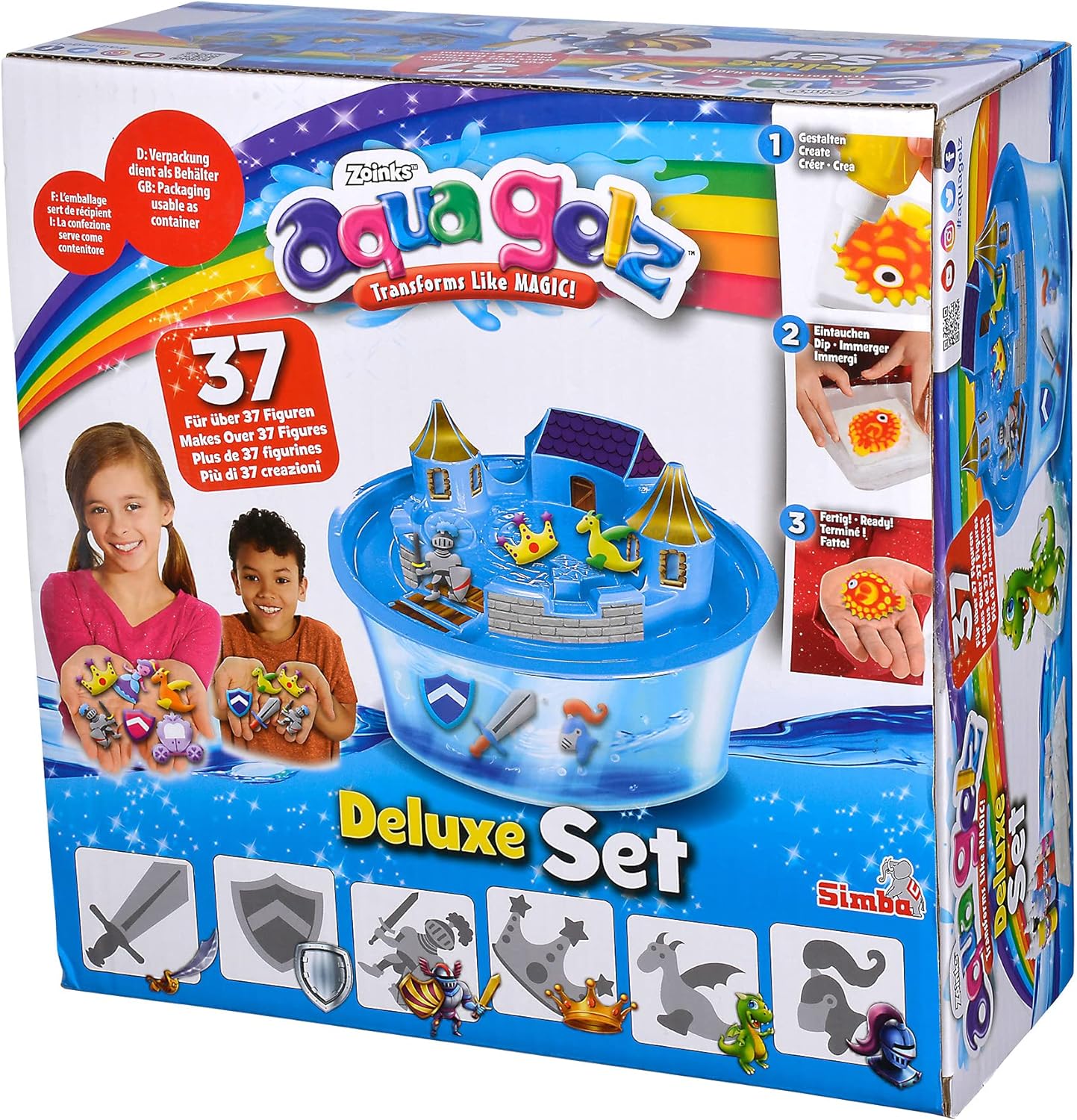 Simba 106322497 - Aqua Gelz Deluxe Ritterburg, Bastelset, Kreativ, 8 Flaschen Farbgel, 6 Formen, 5x Wasserzusatz, Schale mit Burg Aufsatz, Sticker, ab 8 Jahren