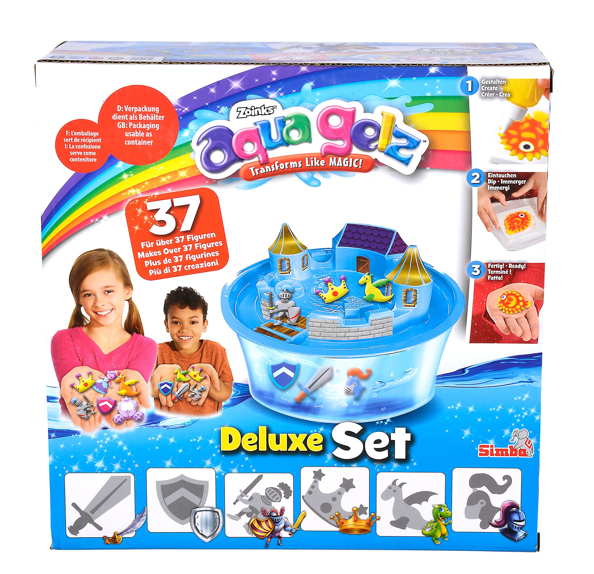 Simba 106322497 - Aqua Gelz Deluxe Ritterburg, Bastelset, Kreativ, 8 Flaschen Farbgel, 6 Formen, 5x Wasserzusatz, Schale mit Burg Aufsatz, Sticker, ab 8 Jahren