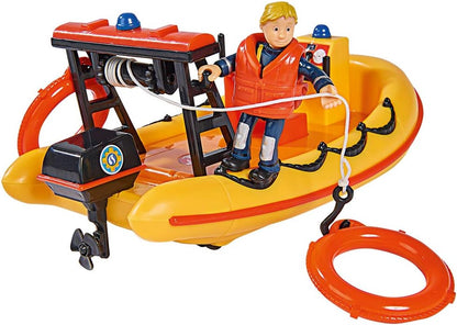 Simba 109251047 Fireman Sam Neptune Boat with Penny Figure in Diving Outfit, with Secret Compartment and Mechanical Winch, Floats on Water, 20 cm, for Children from 3 Years