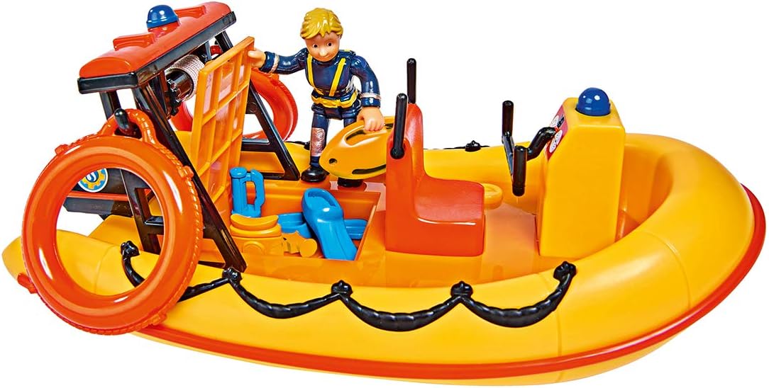 Simba 109251047 Fireman Sam Neptune Boat with Penny Figure in Diving Outfit, with Secret Compartment and Mechanical Winch, Floats on Water, 20 cm, for Children from 3 Years