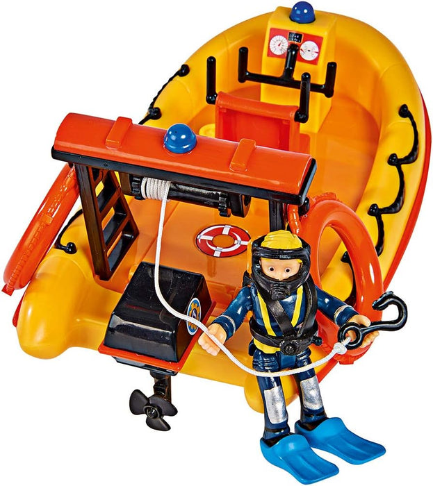 Simba 109251047 Fireman Sam Neptune Boat with Penny Figure in Diving Outfit, with Secret Compartment and Mechanical Winch, Floats on Water, 20 cm, for Children from 3 Years