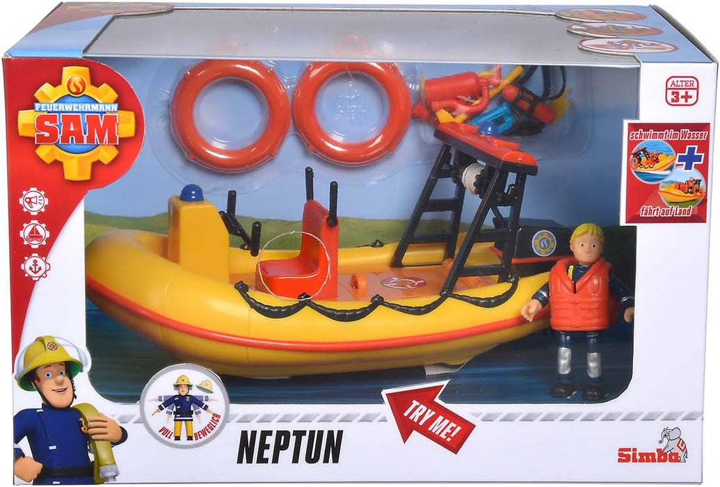Simba 109251047 Fireman Sam Neptune Boat with Penny Figure in Diving Outfit, with Secret Compartment and Mechanical Winch, Floats on Water, 20 cm, for Children from 3 Years