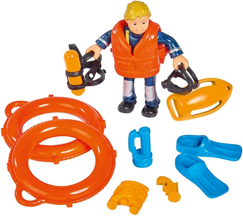 Simba 109251047 Fireman Sam Neptune Boat with Penny Figure in Diving Outfit, with Secret Compartment and Mechanical Winch, Floats on Water, 20 cm, for Children from 3 Years