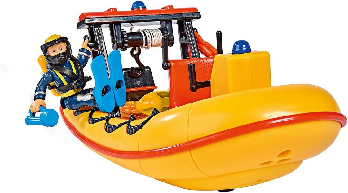Simba 109251047 Fireman Sam Neptune Boat with Penny Figure in Diving Outfit, with Secret Compartment and Mechanical Winch, Floats on Water, 20 cm, for Children from 3 Years