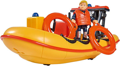 Simba 109251047 Fireman Sam Neptune Boat with Penny Figure in Diving Outfit, with Secret Compartment and Mechanical Winch, Floats on Water, 20 cm, for Children from 3 Years