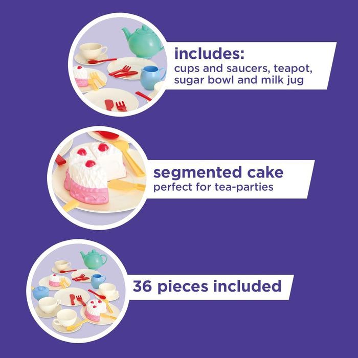 Casdon 33-Piece Tea Set. Colourful Toy Playset with Teapot, Milk Jug, Cups and Saucers, Cake, and More. Suitable for Preschool Toys. Playset for Children Aged 3+, New Colourway