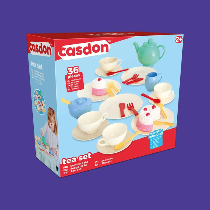 Casdon 33-Piece Tea Set. Colourful Toy Playset with Teapot, Milk Jug, Cups and Saucers, Cake, and More. Suitable for Preschool Toys. Playset for Children Aged 3+, New Colourway