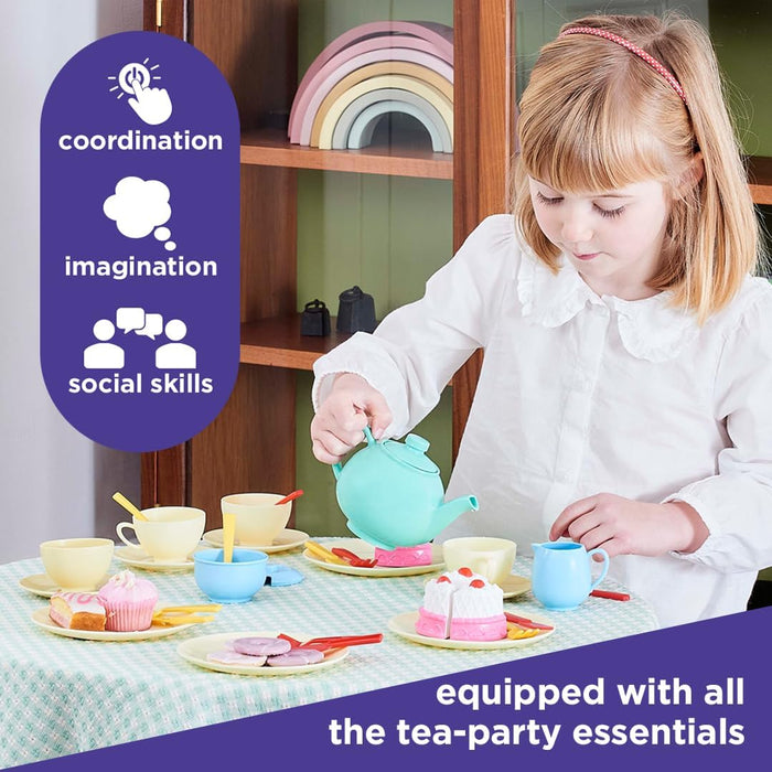 Casdon 33-Piece Tea Set. Colourful Toy Playset with Teapot, Milk Jug, Cups and Saucers, Cake, and More. Suitable for Preschool Toys. Playset for Children Aged 3+, New Colourway