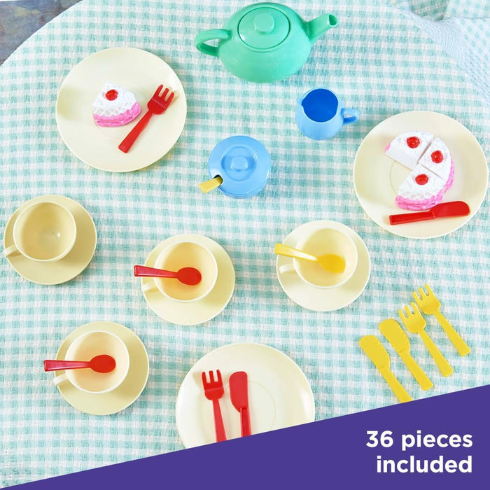 Casdon 33-Piece Tea Set. Colourful Toy Playset with Teapot, Milk Jug, Cups and Saucers, Cake, and More. Suitable for Preschool Toys. Playset for Children Aged 3+, New Colourway