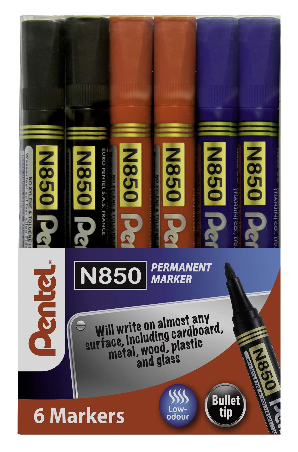 Pentel N850 - Rotulador permanente (punta redonda, 6 unidades), varios colores