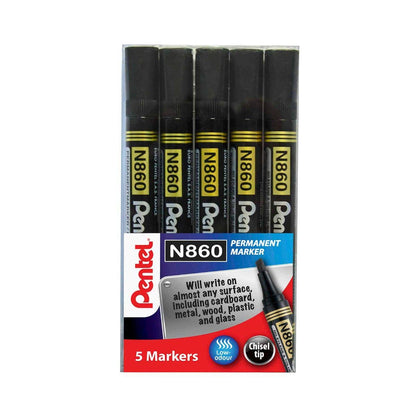 Pentel N860 Permanent Marker Chisel Tip Pack of 5 Black